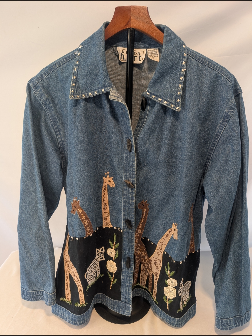 KEREN Hart Blue Vintage Denim Embroidered Giraffe Jacket Women's Size Medium